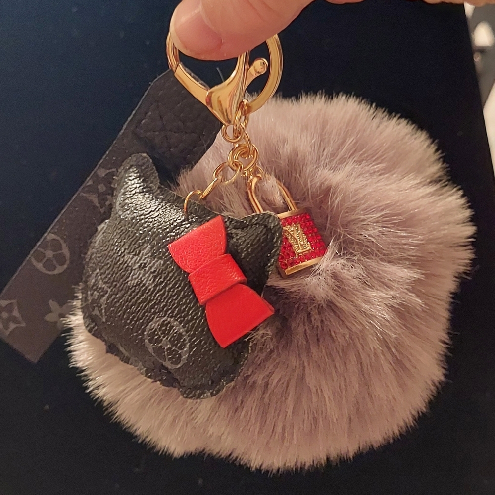 Upcycled LV Gray Pom Pom Fur Rhinestone Lock Kitty Cat Keychain Bag Charm